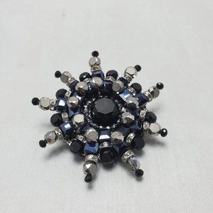 Ali Khan starburst glass black beaded pearl brooch with gift box